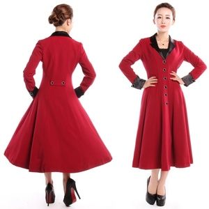 Glam Pinup Regency Long Trench Coat Jacket Pockets Red Plus Size